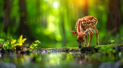   A small deer atop a lush green forest edge, facing a tranquil body of water
