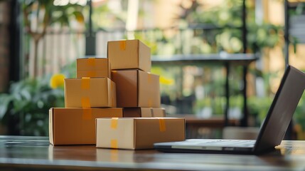 laptop on the table with cardboard boxes and parcel packages