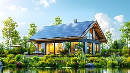 Obraz premium Sustainable Eco Friendly Home with Solar Panels Nestled in Lush Natural Landscape