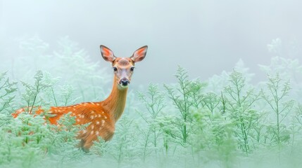   A deer in a field, surrounded by tall grass in the foreground, and a foggy sky overhead