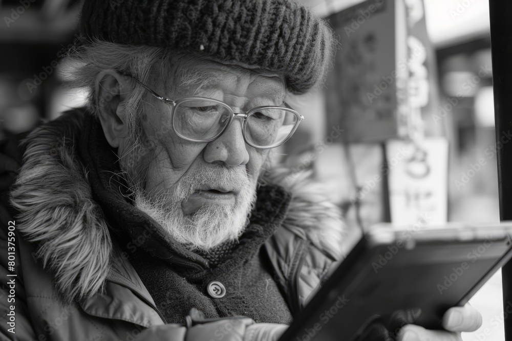 Poster An elderly man using a large tablet to learn a new language through an e-book and audio resources,