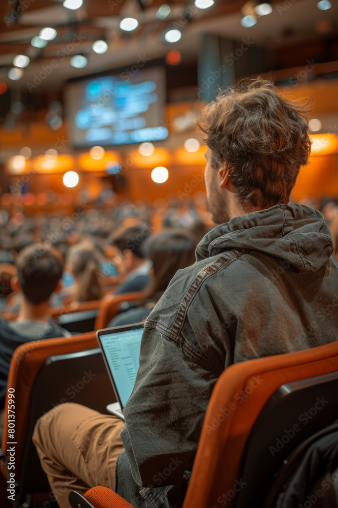 Poster A college lecture hall where every student is using a laptop or tablet to take notes,