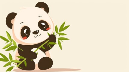   A panda sits on the ground, clutching a bamboo branch in its paws while gripping its tail for balance - obrazy, fototapety, plakaty