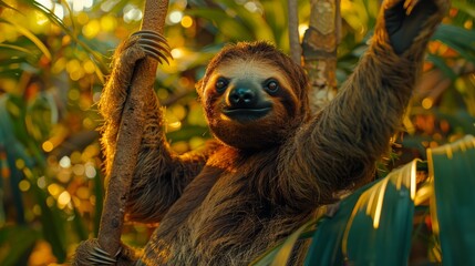 Fototapeta premium A brown-and-white sloth suspends from a tree branch, paws upward