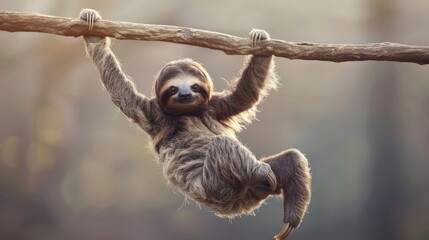   A sloth grips a tree branch with its front feet, positioning its hind legs backward Its face is turned to the side