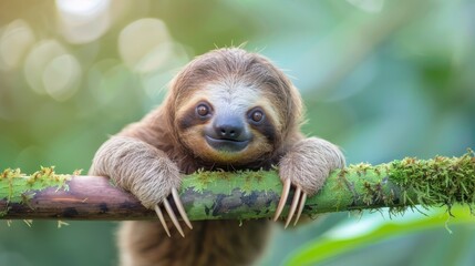 Naklejka premium A brown-and-white sloth sits atop a moss-covered tree branch