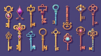 Vintage old keys of house door lock. Symbol of secret, security, magic objects. Ancient golden and metal keys with ornate and gemstones isolated on background, vector cartoon icons set