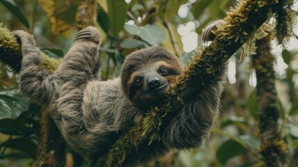Fototapeta premium A sloth, brown and white, dangles from a tree branch Moss covers its back and feet