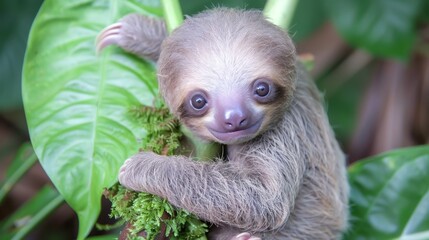 Naklejka premium A baby sloth atop a verdant, leafy plant, near another