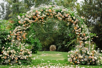 Wedding arch adorned with vibrant flowers, creating a stunning backdrop for ceremonies.