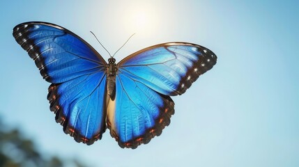 Naklejka premium A blue butterfly flies against a radiant sun-kissed blue sky