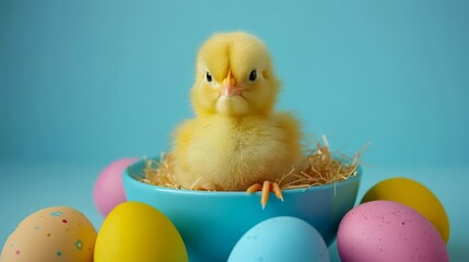   A small yellow chick sits in a blue bowl, surrounded by colored eggs against a blue background and backdrop