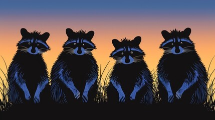   A trio of raccoons stands in the grass amidst a sunset; the backdrop is a blue sky