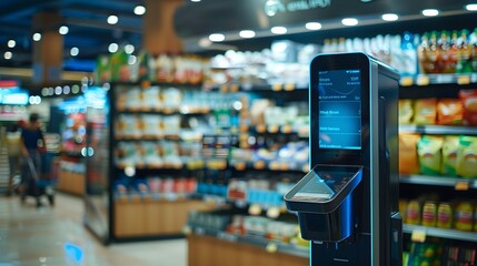 advancements in retail technology with a high-resolution image of an AI-powered checkout system, showcasing how embedded AI streamlines the shopping experience and improves inventory management.