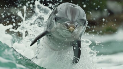   A tight shot of a dolphin in the water holding a ball in its mouth, nose protruding from the surface