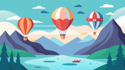 A peaceful sight of hot air balloons gently gliding across a serene lake each one carrying a flag to commemorate the countrys independence.. Vector illustration