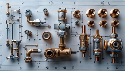 An assortment of plumbing parts are arranged on a white background