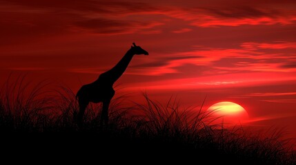   A giraffe atop a verdant field, beneath a radiant red sky, with the sun distantly setting