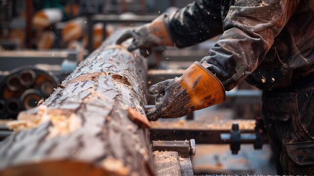 A worker in protective gear is operating machinery to process a log in a sawmill.