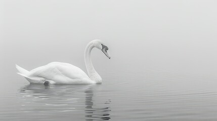   A white swan glides atop the foggy lake, its head breaking the water's surface