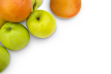 Fruit assortment. Apples, bananas and citrus fruits lying together. Isolation on a transparent background.