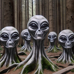 grey alien faces in the forest