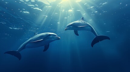  Two dolphins swim in the ocean Sunlight penetrates, illuminating bubbles at water's surface
