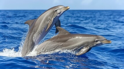   A few dolphins leap from the ocean, their fins breaking the water's surface, before a sunlit boat