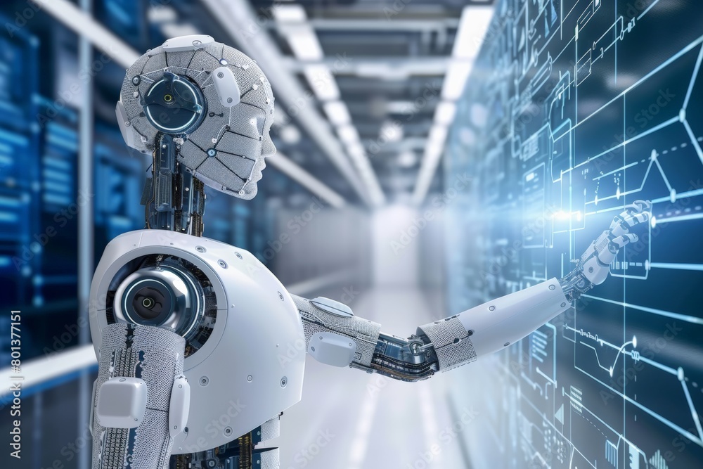 Poster advanced humanoid robot featuring a head composed of complex, exposed mechanical parts extends arm t