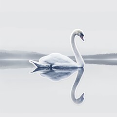   A large white swan floats serenely atop a fog-covered lake, with low-lying trees along the nearby shore