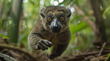   A tight shot of a small animal perched on a branch against a backdrop of towering trees in the forest