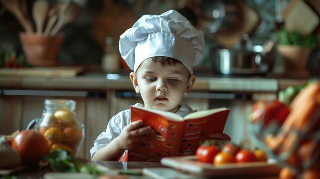 cute kid in chef hat holding cookbook and looking