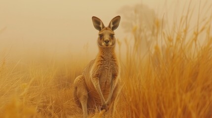   A kangaroo stands in a field, surrounded by tall grass in the foreground, while a foggy sky hangs in the background