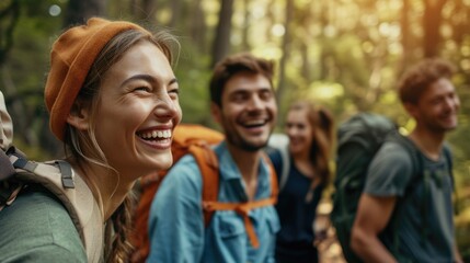 A joyful group of individuals wearing hats, hiking through the serene woods, smiling, and enjoying the natural landscape. AIG41
