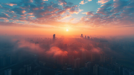 A panoramic aerial view of the city at dawn, with the early light casting long shadows,