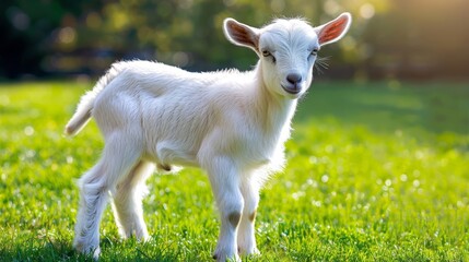   A small white goat gazes seriously from atop a verdant field, covered in lush green grass, as the camera captures the scene