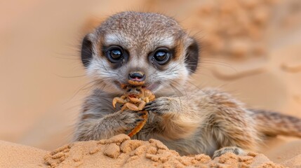   A small animal, with food in its mouth, is depicted in a close-up shot In the background, a towering sand dune stands