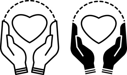 Self Care Routine Icons. Black and White Vector Icons of Heart in Human Hands. Spa Treatments, Body Care, Healthy Eating, Mental Health. Positive Thinking Concept