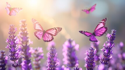   A group of pink butterflies flies above a purple flower field, with the sun shining behind scattered clouds