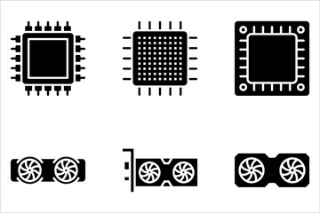 GPU icon set. Circuit board icon set. Personal computer component icon set on white background
