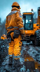 A construction worker wearing a hard hat and reflective safety vest stands in a muddy trench, holding a sledgehammer. In the background, a large backhoe is parked.