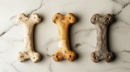 Three different dog chew bones on a marble surface, showing various stages of wear.