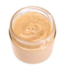 Tasty nut paste in jar isolated on white