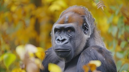   A gorilla in tight focus, facing a tree adorned with yellow leaves Background softly blurred