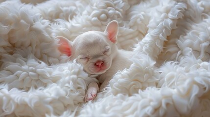   A small white dog lies on a bed of white blankets, atop a pile of soft, fluffy ones