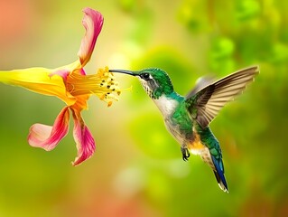 Fototapeta premium Hummingbird Hovering and Feeding on Vibrant Flower in Lush Garden
