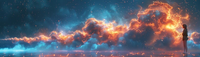 A girl standing on a beach watching a beautiful sky full of stars and a big orange nebula