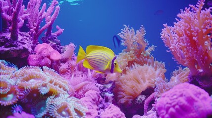   A tight shot of a fish hovering near corals, surrounded by various coral formations and sea anemones in the background