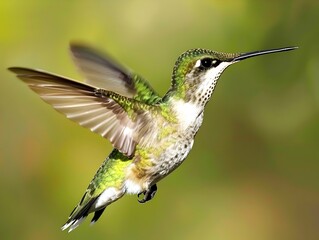 Hummingbird Hovering Mid Air Its Vibrant Feathers and Delicate Wings in Blur of Motion as It Sips Nectar from Flower - Powered by Adobe
