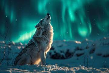A snowy landscape with a lone wolf howling beneath the northern lights,